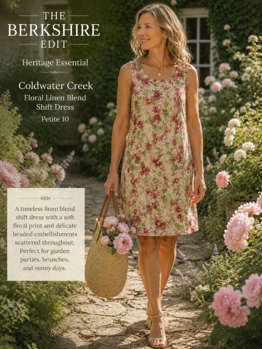 Coldwater Creek Floral Linen Blend Shift Dress Petite 10 Beaded Sleeveless